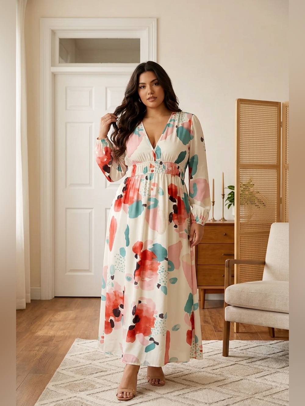 Sissyaki Watercolor Floral Boho Maxi Dress V-Neck Long Sleeve Womens Large NWT